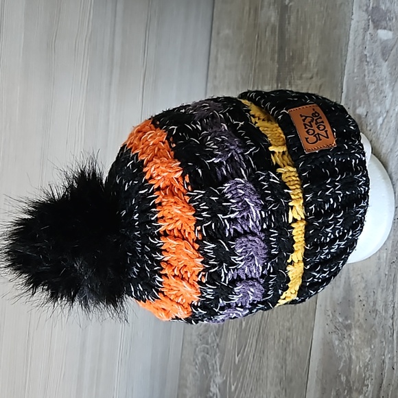 Cozy Zone Black Furball Beanie Pom Pom Colorful Stripes, O/S - Picture 1 of 9